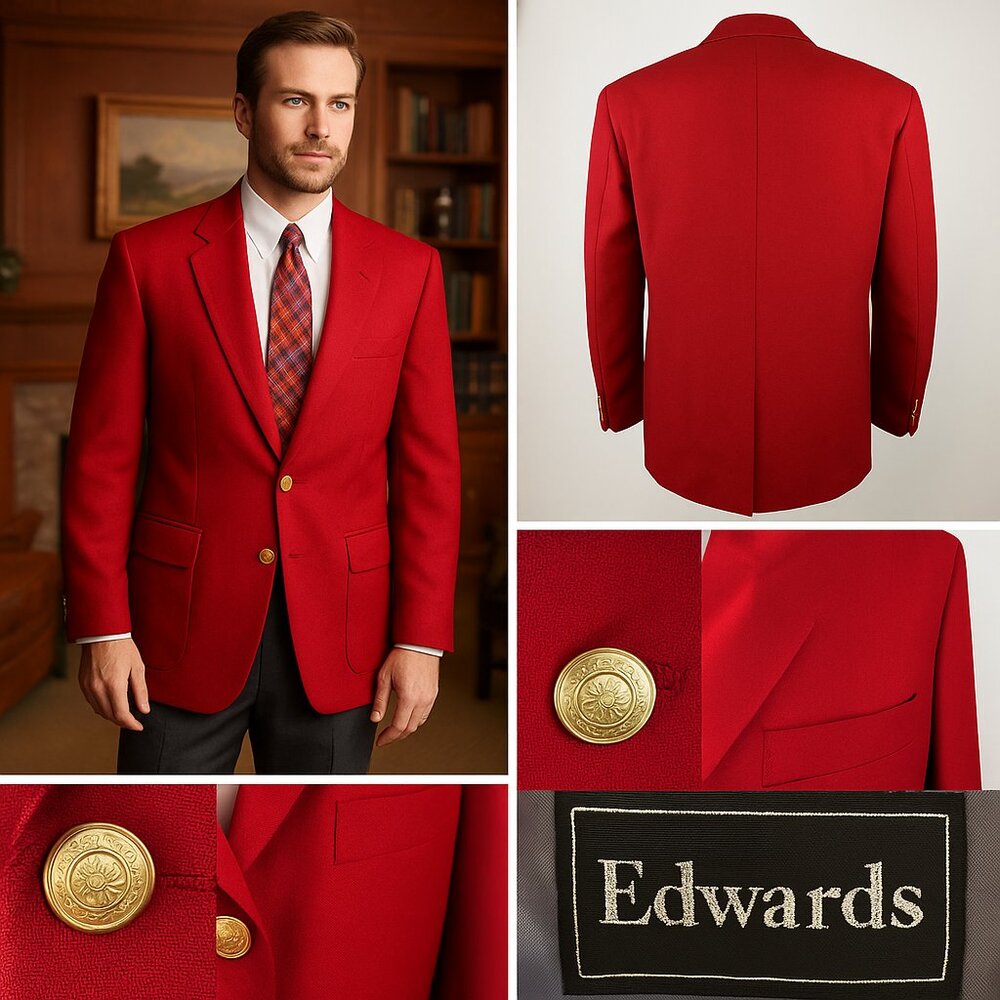 Vintage Edwards Red Blazer — Made in USA | Gold Crest Buttons | Heritage